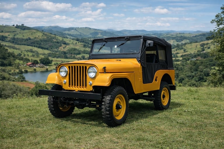 Jeep Willys antigo amarelo em estrada rural no Brasil valorizado como carro clássico