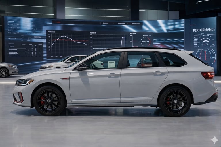 Jetta Variant GLI conceito lateral em salão automotivo destacando design de perua esportiva Volks