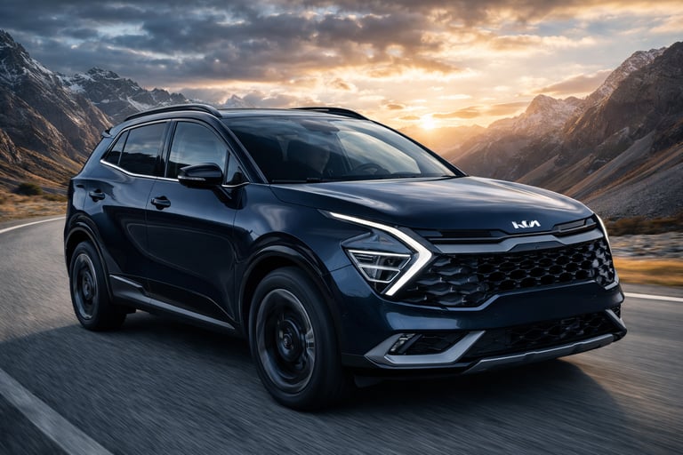 Kia Sportage 2026 azul em movimento na estrada com foco em consumo e eficiência de combustível