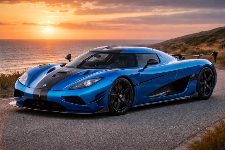 Koenigsegg Agera RS azul em estrada costeira ao pôr do sol