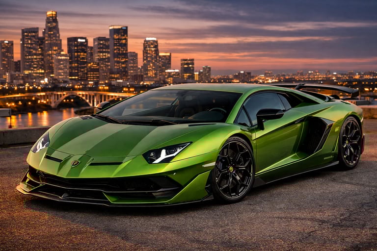 Lamborghini Aventador SVJ verde com cidade ao fundo ao entardecer