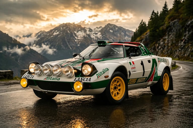 carros de rally Lancia Stratos HF em estrada de montanha com visual clássico e faróis auxiliares ace
