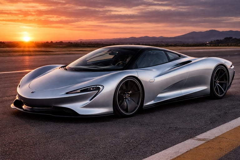 McLaren Speedtail prata em pista ao pôr do sol, um dos candidatos a carro mais rapido