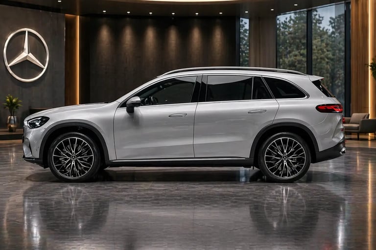 Mercedes GLC L EV elétrico 800V vista lateral em showroom moderno de apresentação