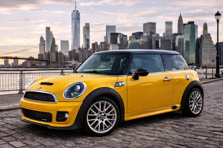 Mini Cooper amarelo em Nova York com skyline ao fundo mostrando design esportivo e urbano