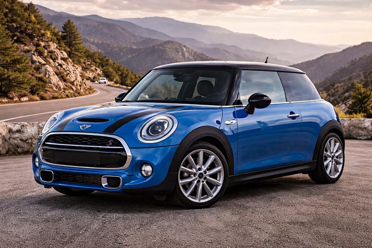 Mini Cooper azul em estrada de montanha destacando design esportivo e estilo moderno