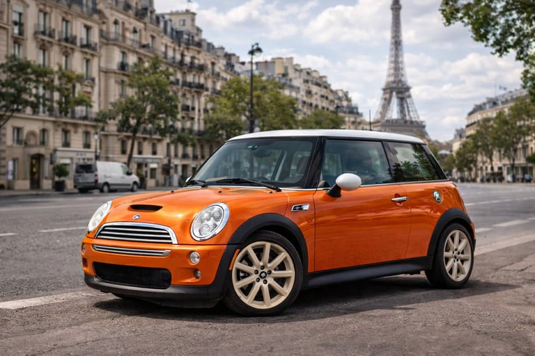 Mini Cooper laranja em Paris com Torre Eiffel ao fundo mostrando design moderno e urbano