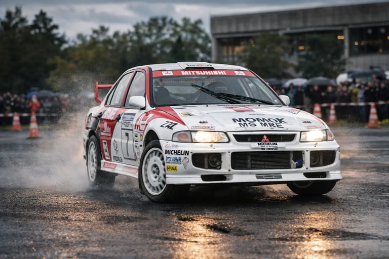carros de rally Mitsubishi Lancer Evolution em ação no WRC em asfalto molhado com derrapagem