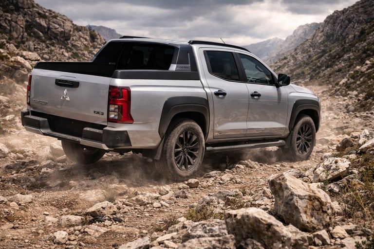 Mitsubishi Triton Raider 2026 vista traseira em trilha off-road de montanha