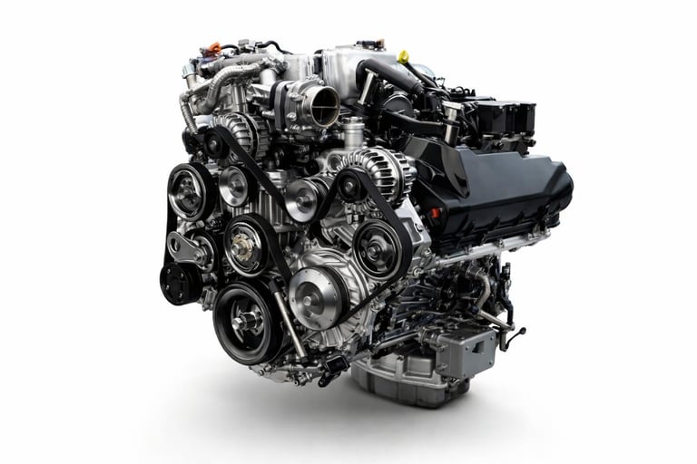 motor V8 da Ford com detalhes técnicos destacando alta potência em cenário de futuro elétrico