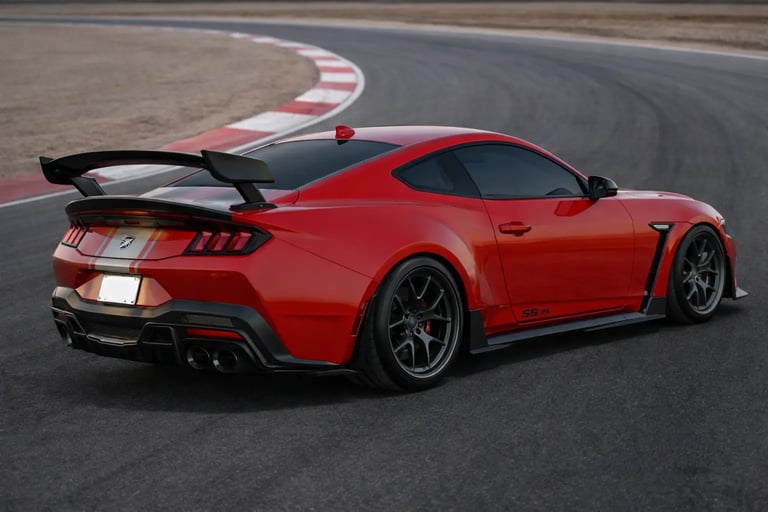 Mustang Dark Horse vermelho visto de traseira em pista de corrida com aerofólio esportivo e design a
