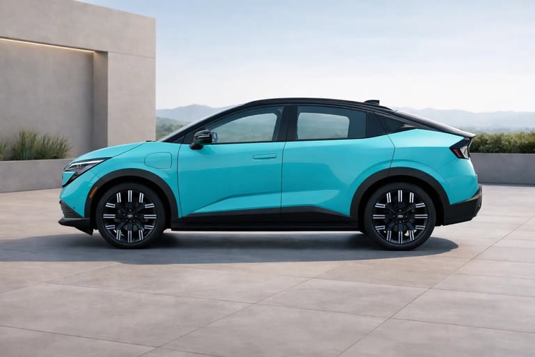 Nissan Leaf elétrico com motor que reduz metais raros em showroom externo com vista lateral moderna