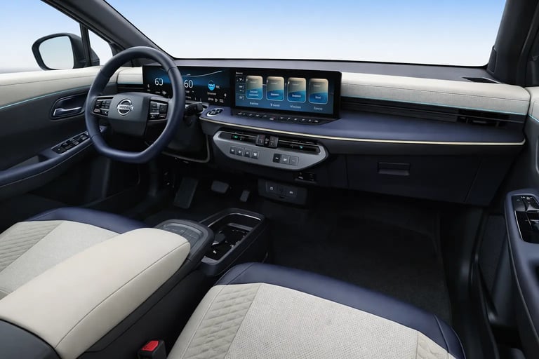interior do Nissan Leaf com painel digital moderno e tecnologia elétrica avançada sem metais raros