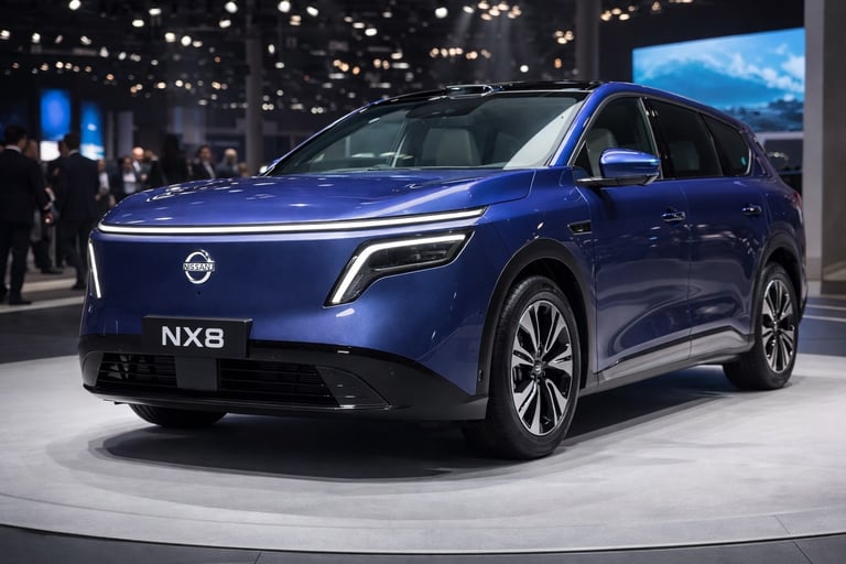 Nissan NX8 azul em salão de automóveis com design moderno e tecnologia elétrica avançada