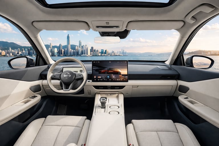 Interior do Nissan NX8 com painel digital e vista para cidade moderna ao fundo