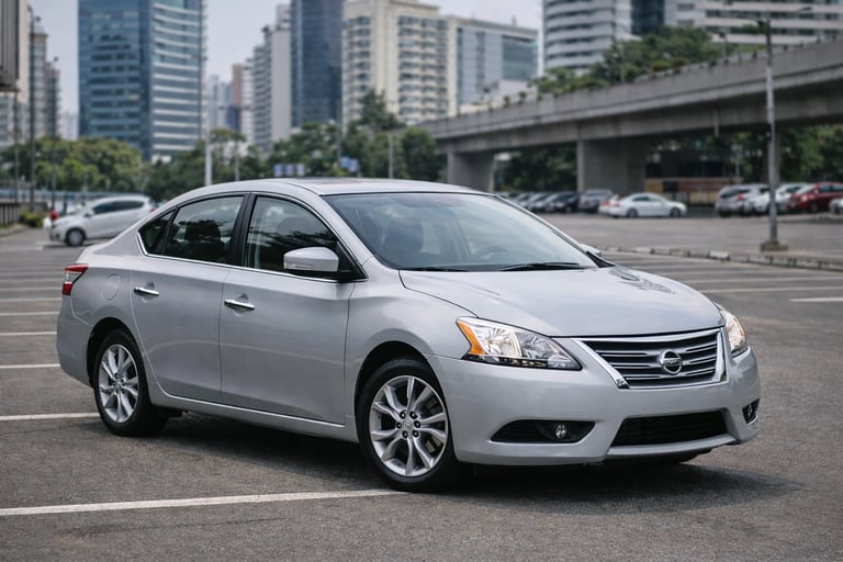 Nissan Sentra em estacionamento de cidade, conhecido pelo conforto e durabilidade