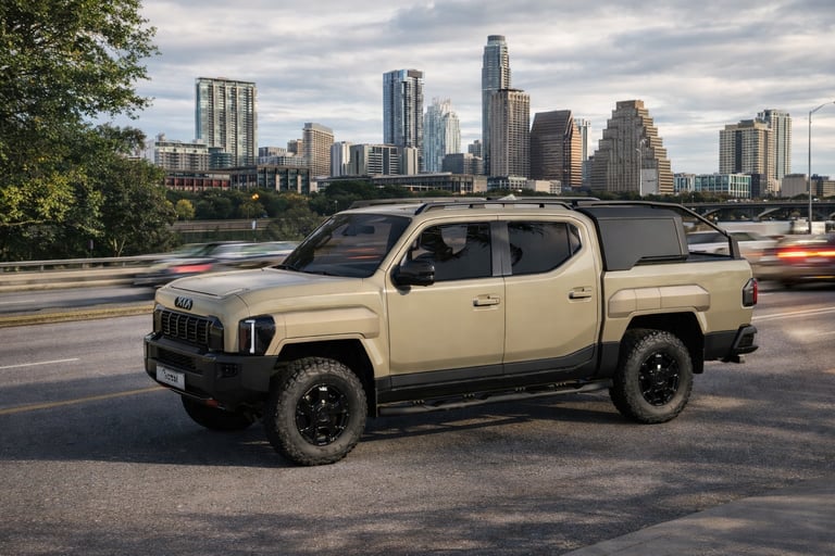 nova picape da Kia Tasman 2026 em ambiente urbano competindo com Toyota e Ford