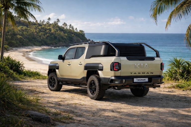 nova picape da Kia Tasman 2026 na praia com design robusto para competir com Toyota e Ford