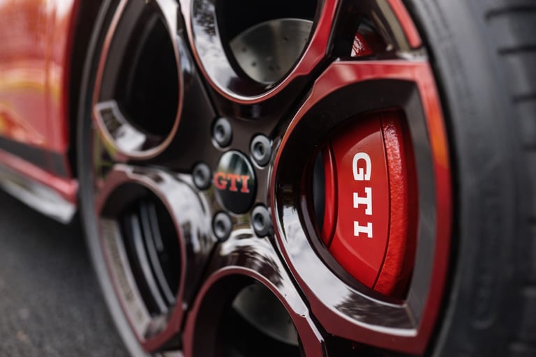 detalhe da roda do Golf GTI 2026 com pinça de freio vermelha destacando desempenho esportivo