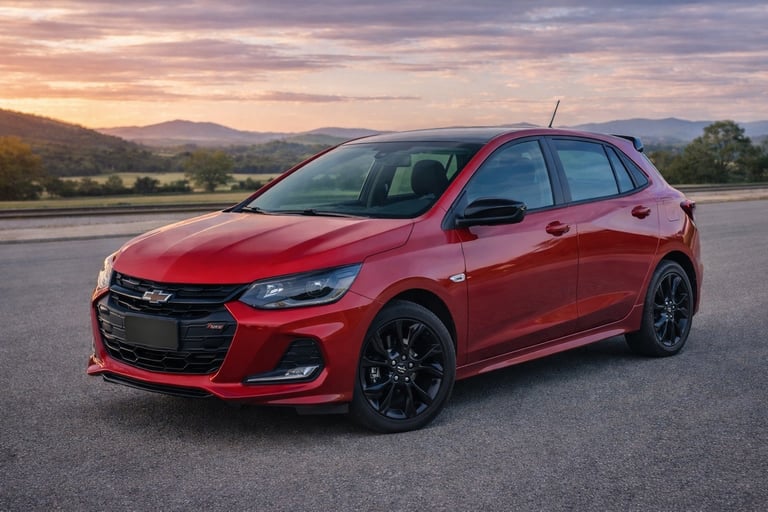 modelos onix rs vermelho esportivo sem placa com fundo moderno e visual dinâmico