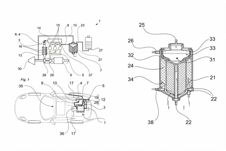 Diagrama da patente do motor da Porsche que gera hidrogênio a partir da água