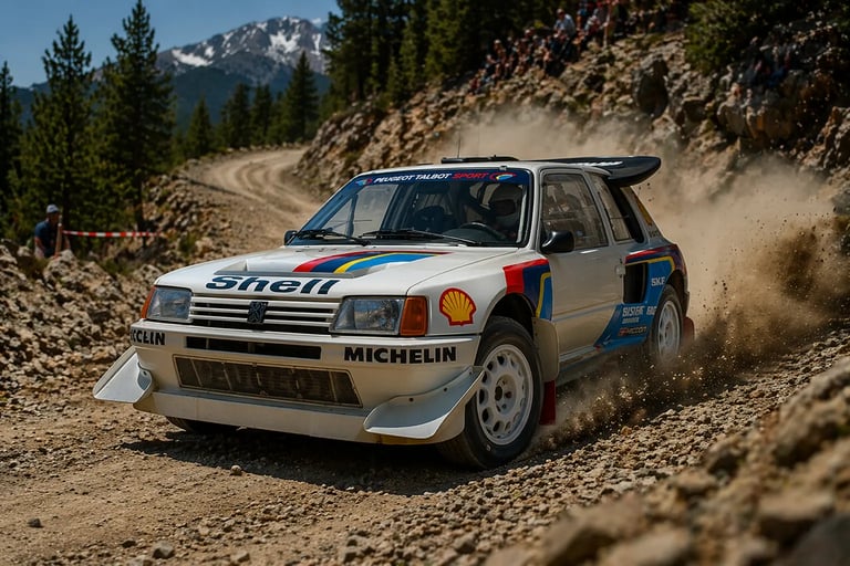 carros de rally Peugeot 205 T16 em ação no WRC em estrada de terra com curva e poeira levantando
