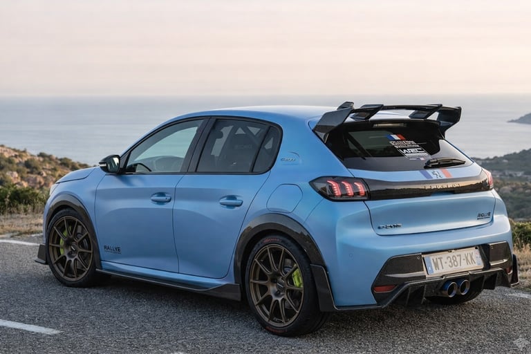 Peugeot 208 Rally Urban visto pela traseira com kit widebody, aerofólio elevado