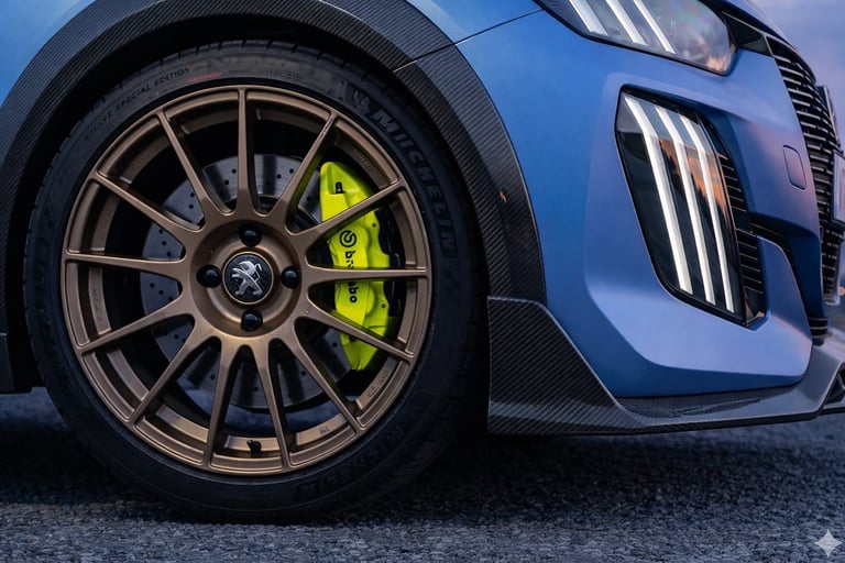 Detalhe da roda do Peugeot 208 Rally Urban com freio Brembo e acabamento em fibra