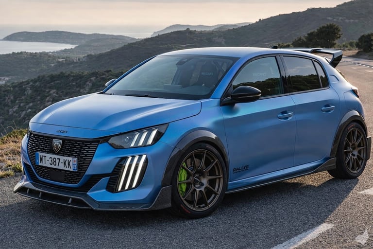 Peugeot 208 Rally Urban com widebody e preparação rally em estrada de montanha ao pôr do sol