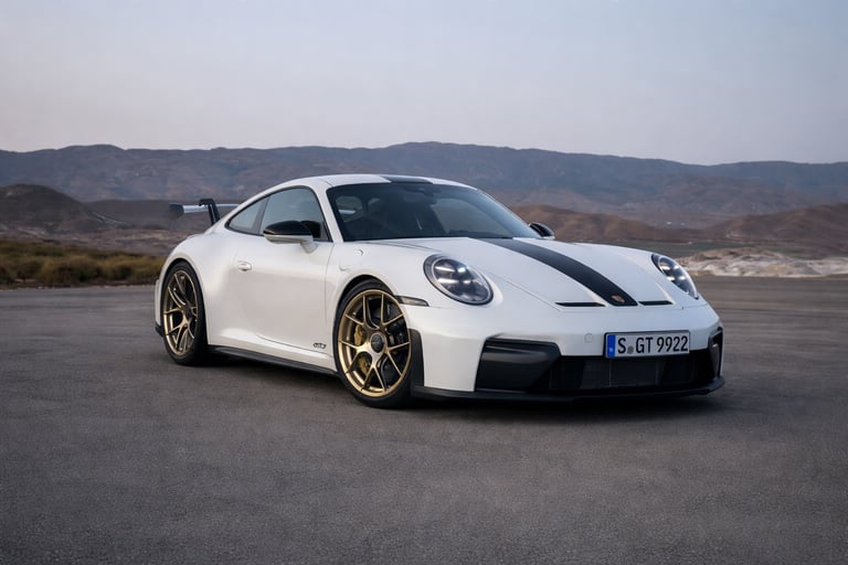 Porsche 911 GT3 2026 branco em estrada aberta destacando desempenho, potência e design esportivo