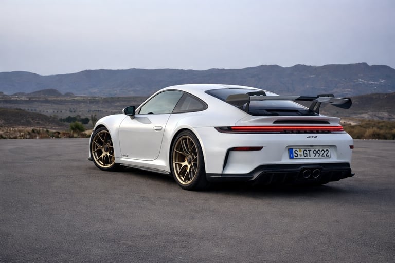 Porsche 911 GT3 2026 traseira em estrada aberta destacando aerofólio, desempenho e design esportivo