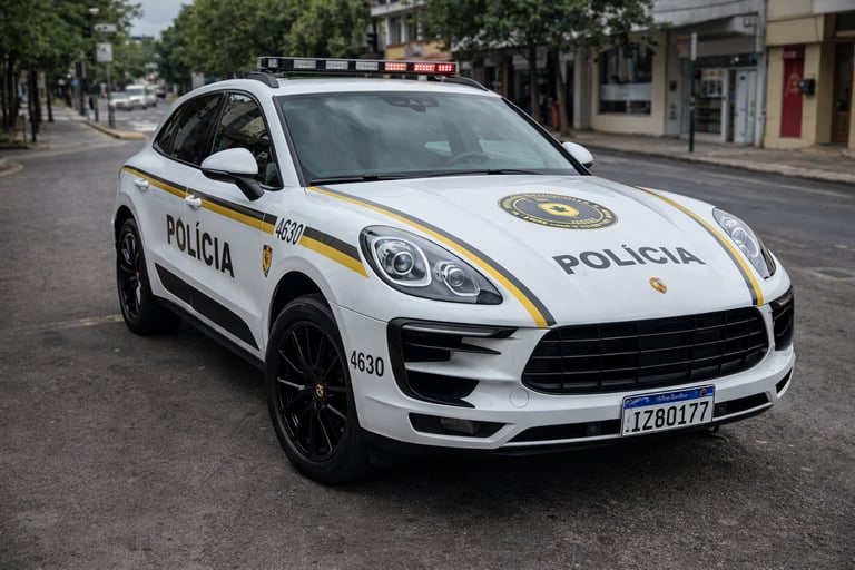 carro de polícia esportivo no Brasil modelo Porsche Macan caracterizado como viatura em rua urbana