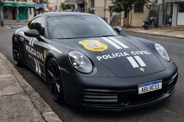 carro de polícia esportivo no Brasil modelo Porsche caracterizado como Polícia Civil em rua urbana