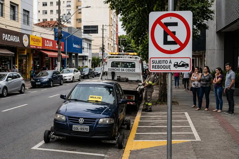 proibido estacionar com carro sendo guinchado em via urbana e placa sujeito a reboque