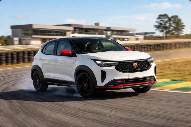 Pulse Abarth 2023 branco acelerando na pista com pneu cantand