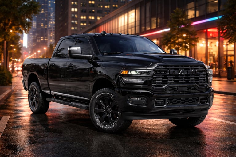 Ram 2500 Warlock e Black Express em cenário urbano com visual robusto
