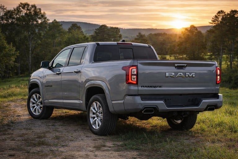 Ram Rampage 2027 em estrada rural com destaque para motor potente e novo modelo