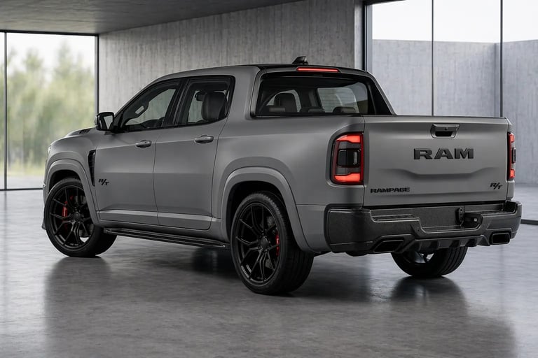 traseira da RAM Rampage R/T 2027 conceito 300 cv com design SRT e lanternas LED 3D