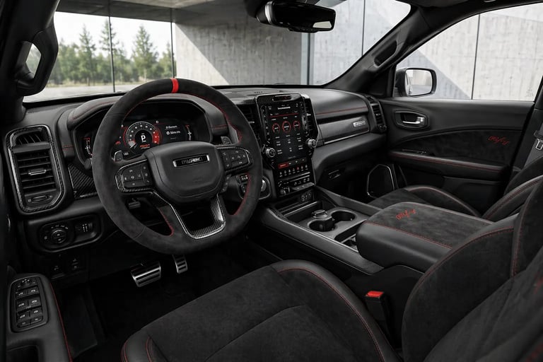 interior da RAM Rampage R/T 2027 conceito 300 cv com cockpit esportivo em alcantara