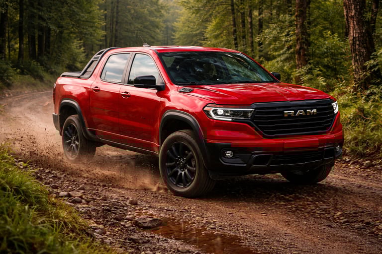 ram rampage vermelha em estrada de terra na floresta com poeira levantando