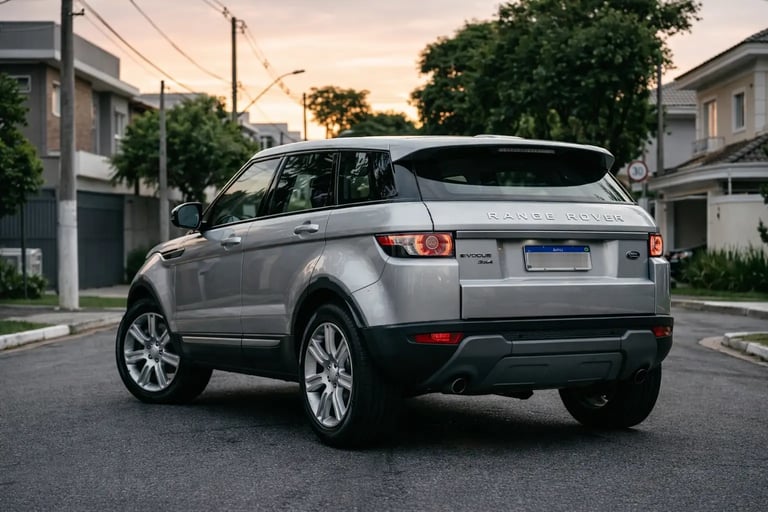 Range Rover Evoque 2012 prata vista traseira em rua residencial ao entardecer