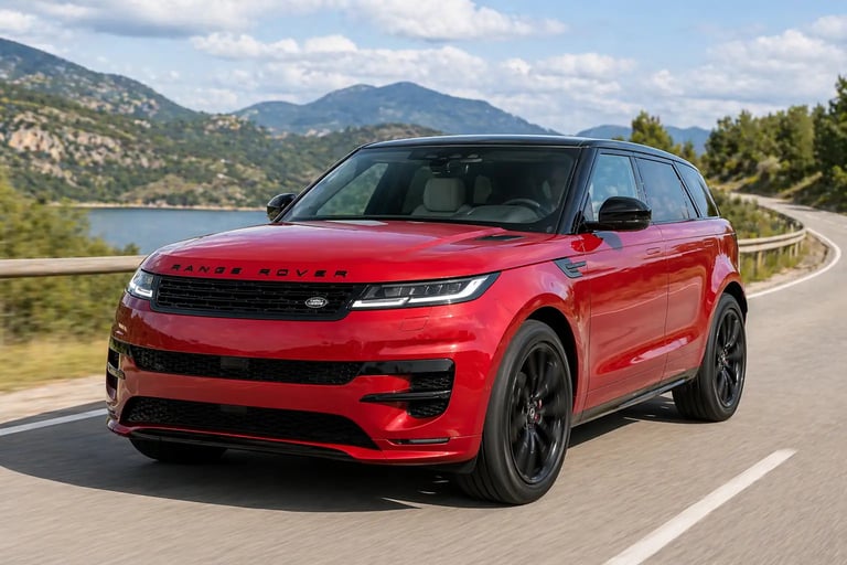 Range Rover vermelho sem placa dianteira em estrada aberta com fundo de montanhas e céu limpo