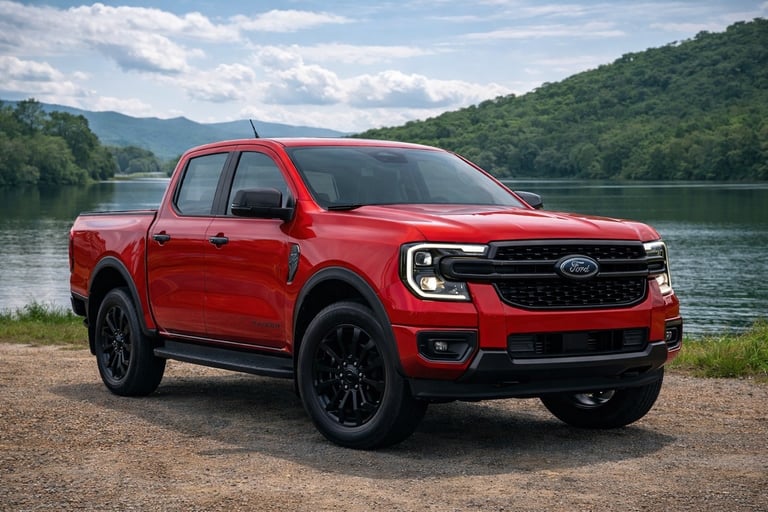 Ford Ranger Black 2026 vermelha com detalhes em preto estacionada durante o dia