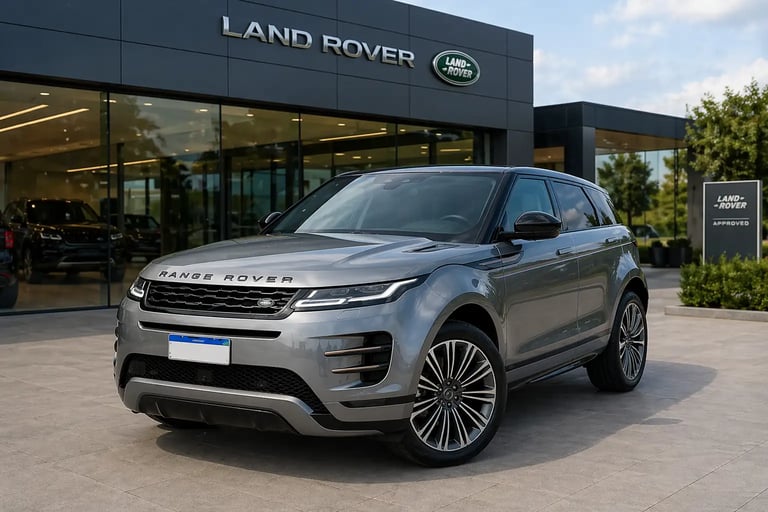 Land Rover Evoque cinza em frente a showroom externo moderno durante recall por falha elétrica