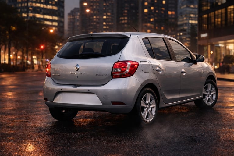 Renault Sandero Dynamique 2015 1.6 traseira em ângulo lateral em cenário urbano