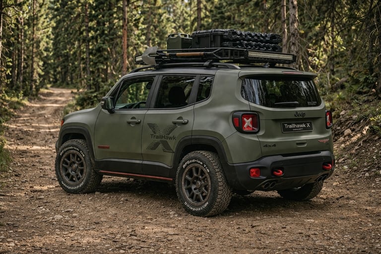 traseira do Jeep Renegade Trailhawk X conceito off-road em trilha com visual robusto