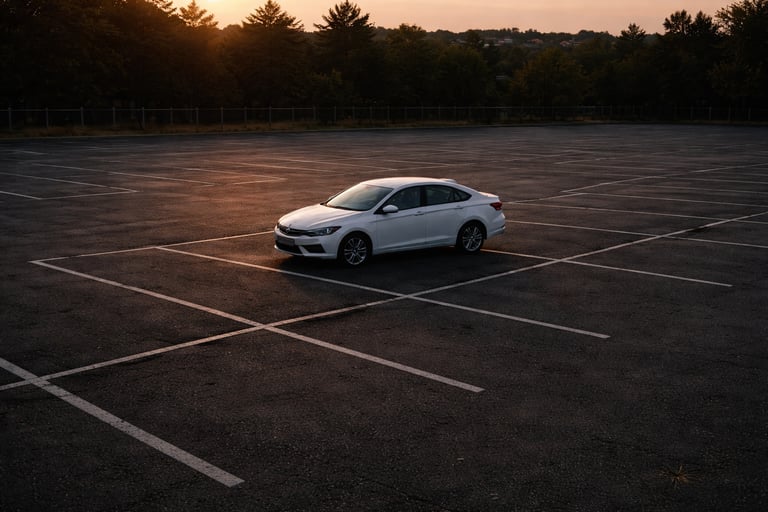 Sedã sozinho em estacionamento vazio ao pôr do sol simbolizando queda de popularidade