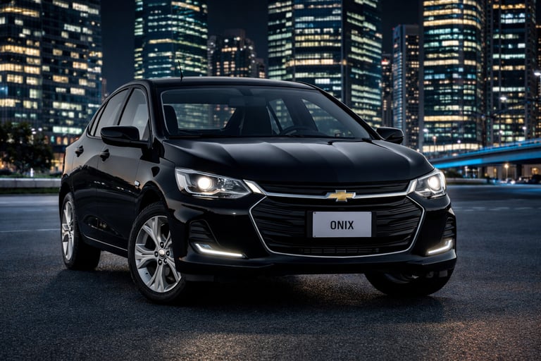 sedans aspirados até 65 mil Chevrolet Onix Plus preto de frente em cidade à noite