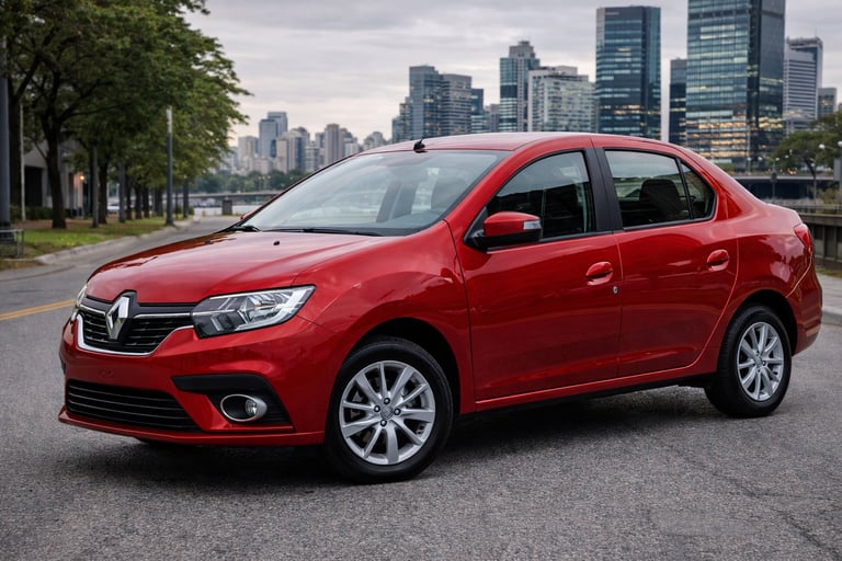 sedans aspirados até 65 mil Renault Logan 2023 vermelho de frente em cidade urbana