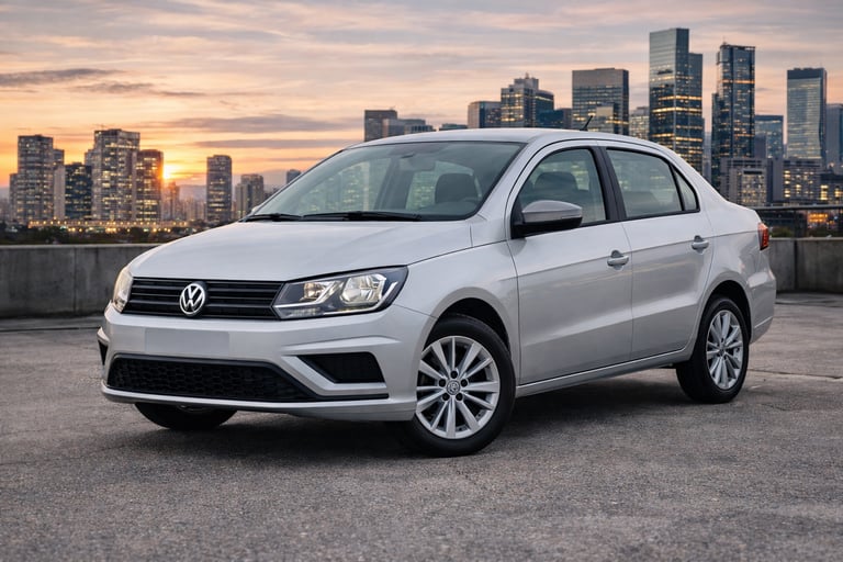 sedans aspirados até 65 mil Volkswagen Voyage 2023 prata de frente em cidade moderna